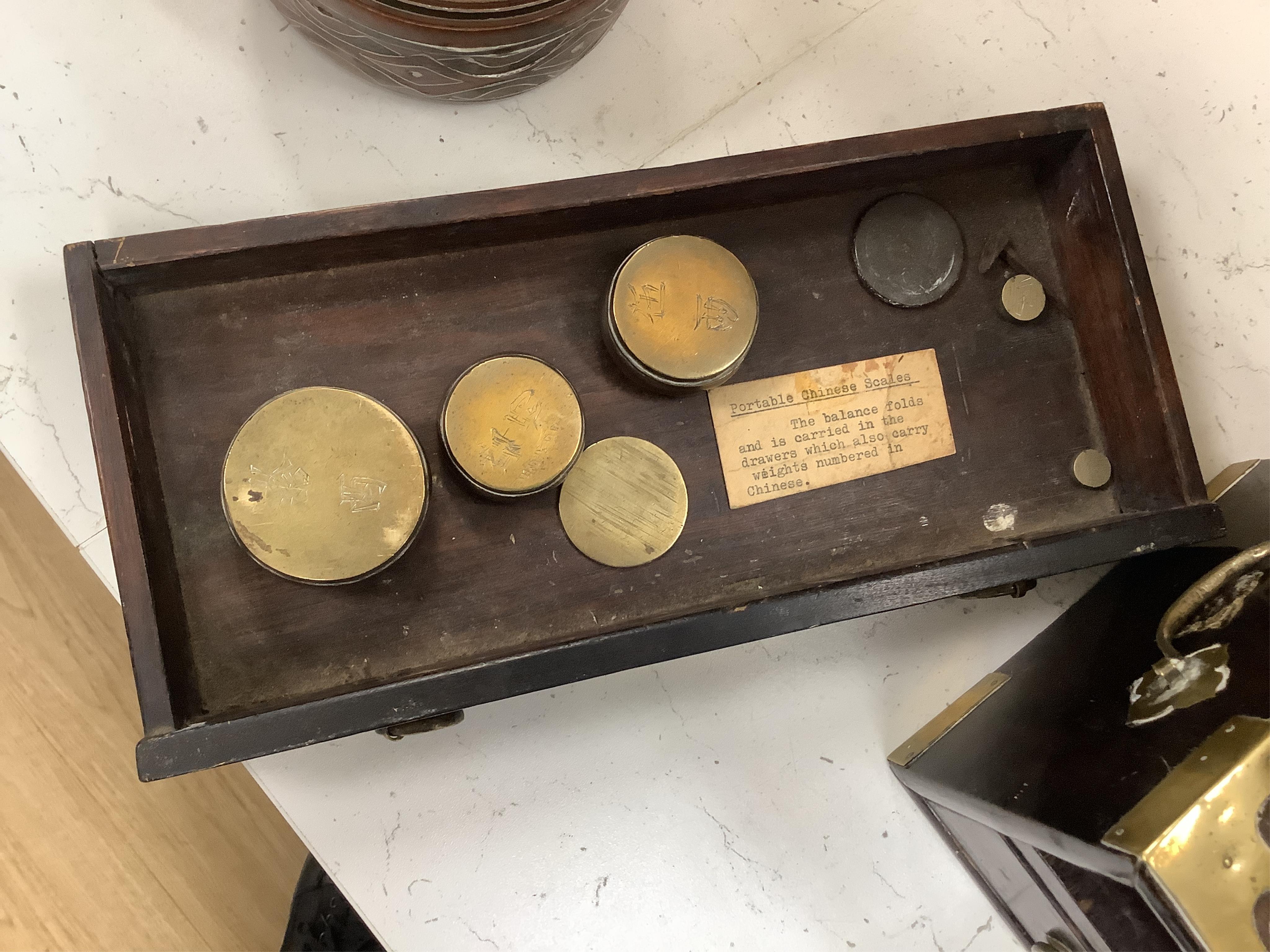 A pair of 19th century Japanese wood and brass mounted scales and weights, 31.5cm wide
